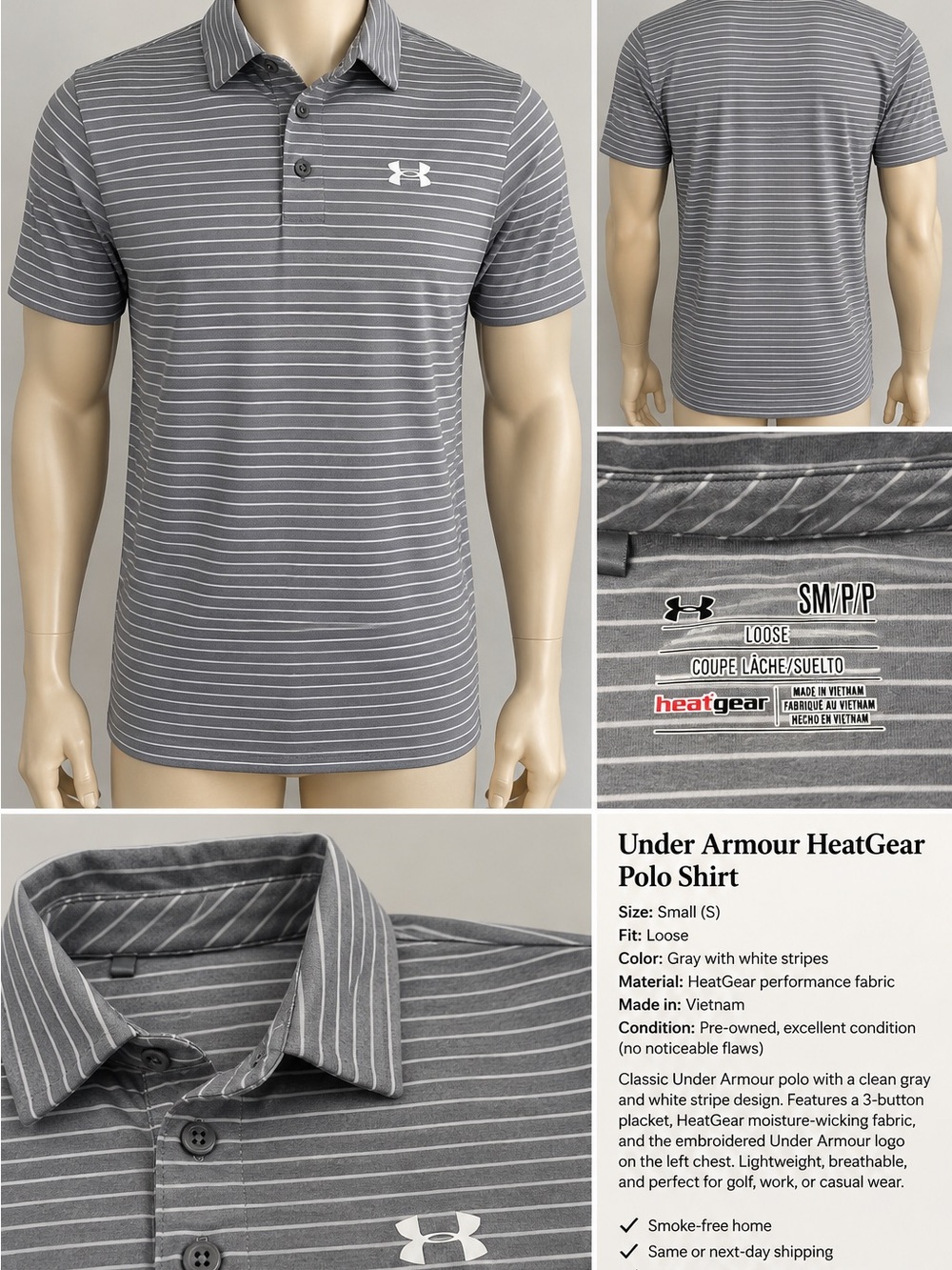 Under Armour Gray and White Striped Polo